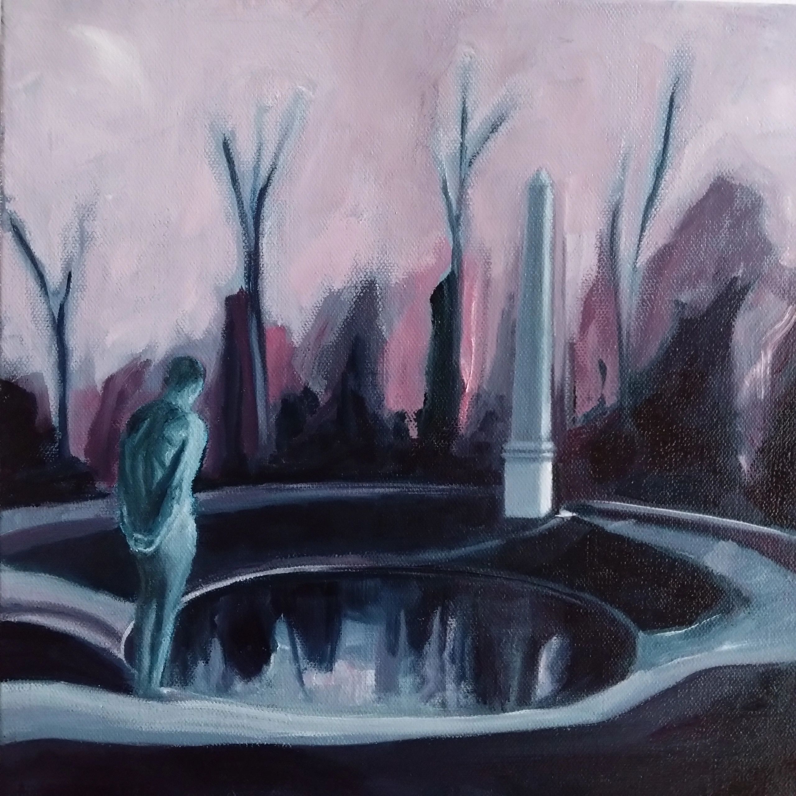 Image of standing male figure with back to the viewer with obelisk in an abstract landscape.