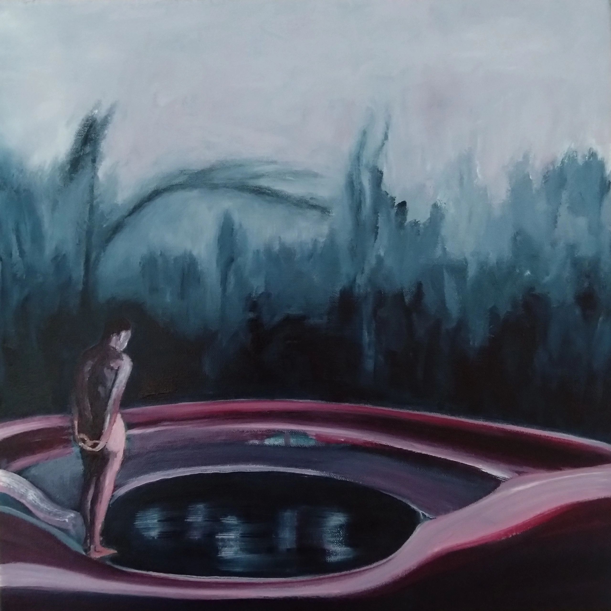 Human male figure gazing into a pool of water in a semi-abstract landscape.
