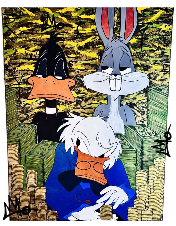 Scrooge McDuck, Bugs Bunny, and Daffy Duck surrounded by money stacks and coins in a vibrant cartoon artwork.