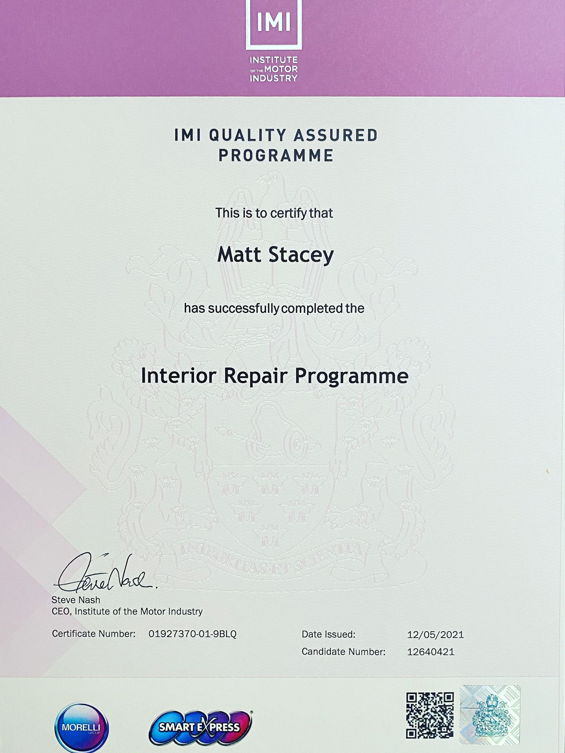 Intrim repair is now a member of the Institute of the motor industry (IMI)