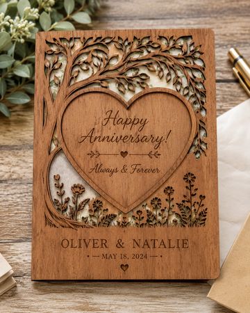 Wooden anniversary card with heart and tree design.