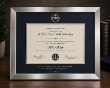 A framed high school diploma awarded to Alexandra Marie Johnson.