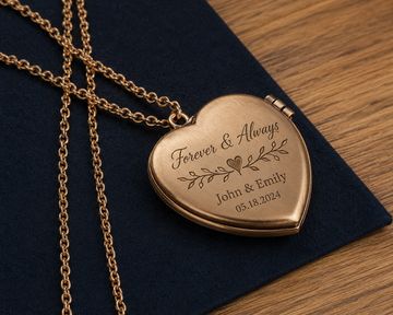 Heart-shaped locket pendant engraved with a romantic message and couple's names.