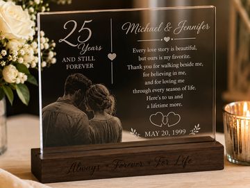 Elegant 25th anniversary plaque with a heartfelt message and couple's photo.