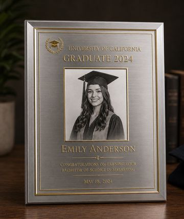 Elegant silver graduation plaque honoring Emily Anderson, University of California Graduate 2024.