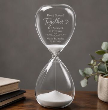 Elegant hourglass with engraved romantic message and couple's names.