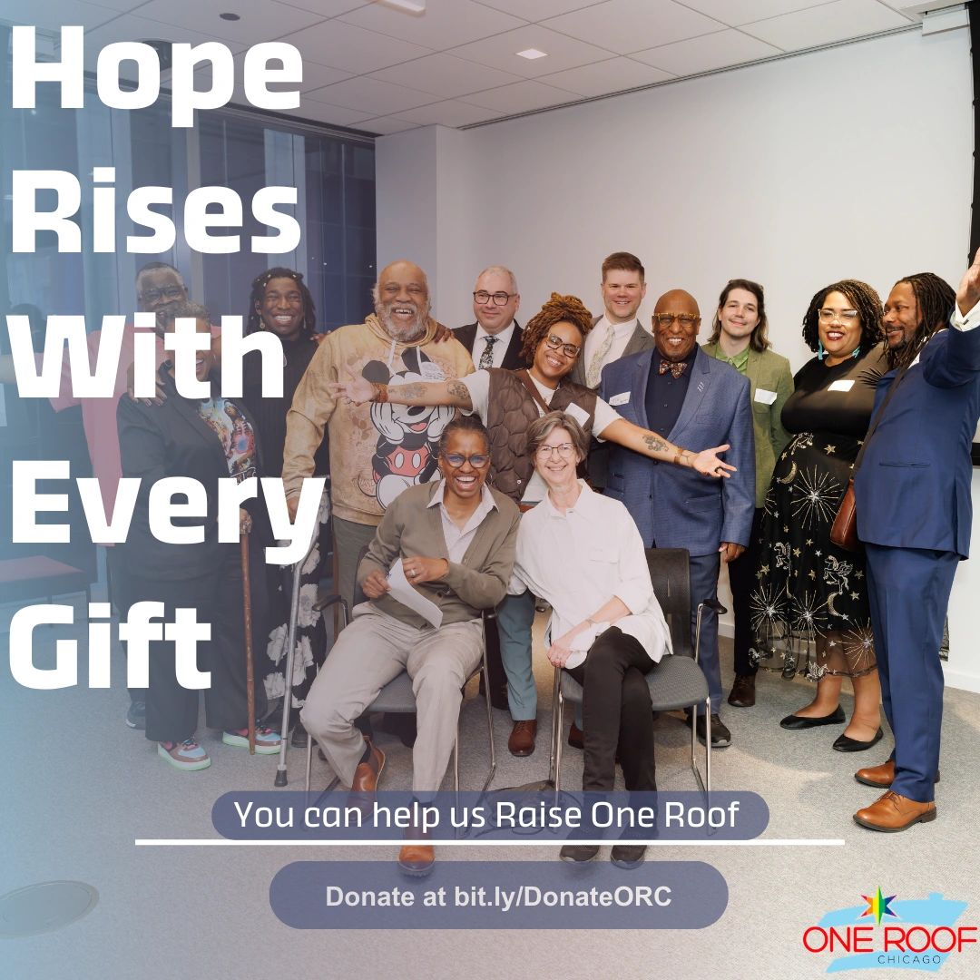 Diverse group promoting One Roof Chicago donation campaign.