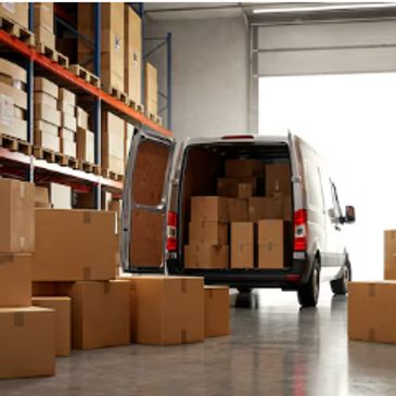Warehouse with boxes and a delivery van being loaded or unloaded.