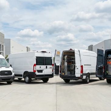 Four cargo vans with open rear doors parked outside a warehouse.