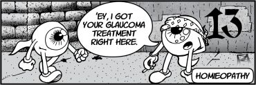 Cartoon eyeball offers glaucoma treatment labeled as homieopathy.