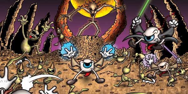 JEDEYE battle the Root of all Evil
Cartoon battle scene with creepy creatures and two characters wielding light swords.