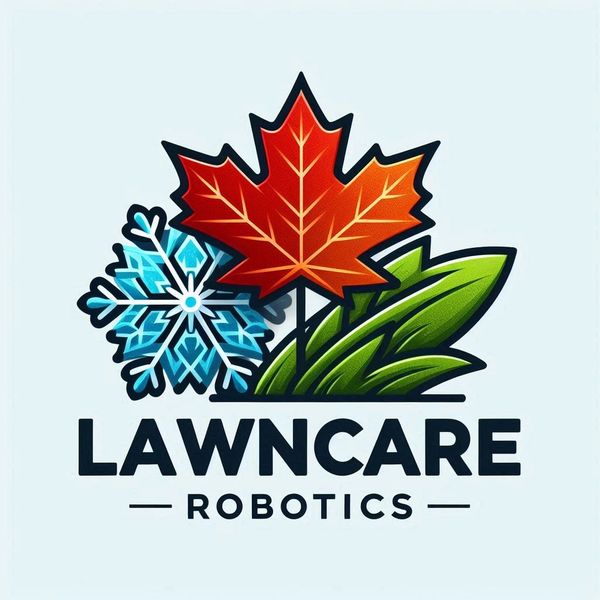 Logo with a red maple leaf, blue snowflake, and green grass for Lawncare Robotics.