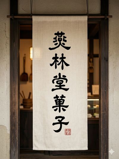 Traditional Japanese fabric banner with black calligraphy hanging in a doorway.
