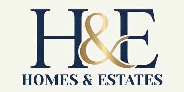 Logo for H&E Homes & Estates in navy and gold.