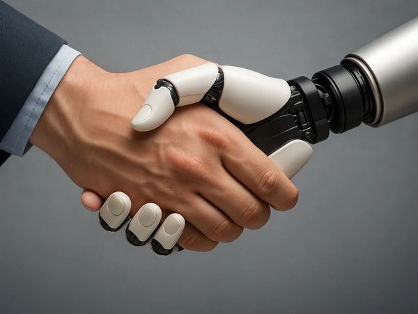 Human hand shaking a robotic hand, symbolizing collaboration.