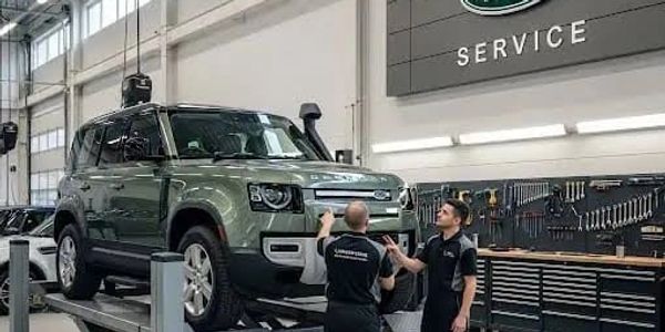 Technicians inspecting a green Land Rover Defender in a service center.