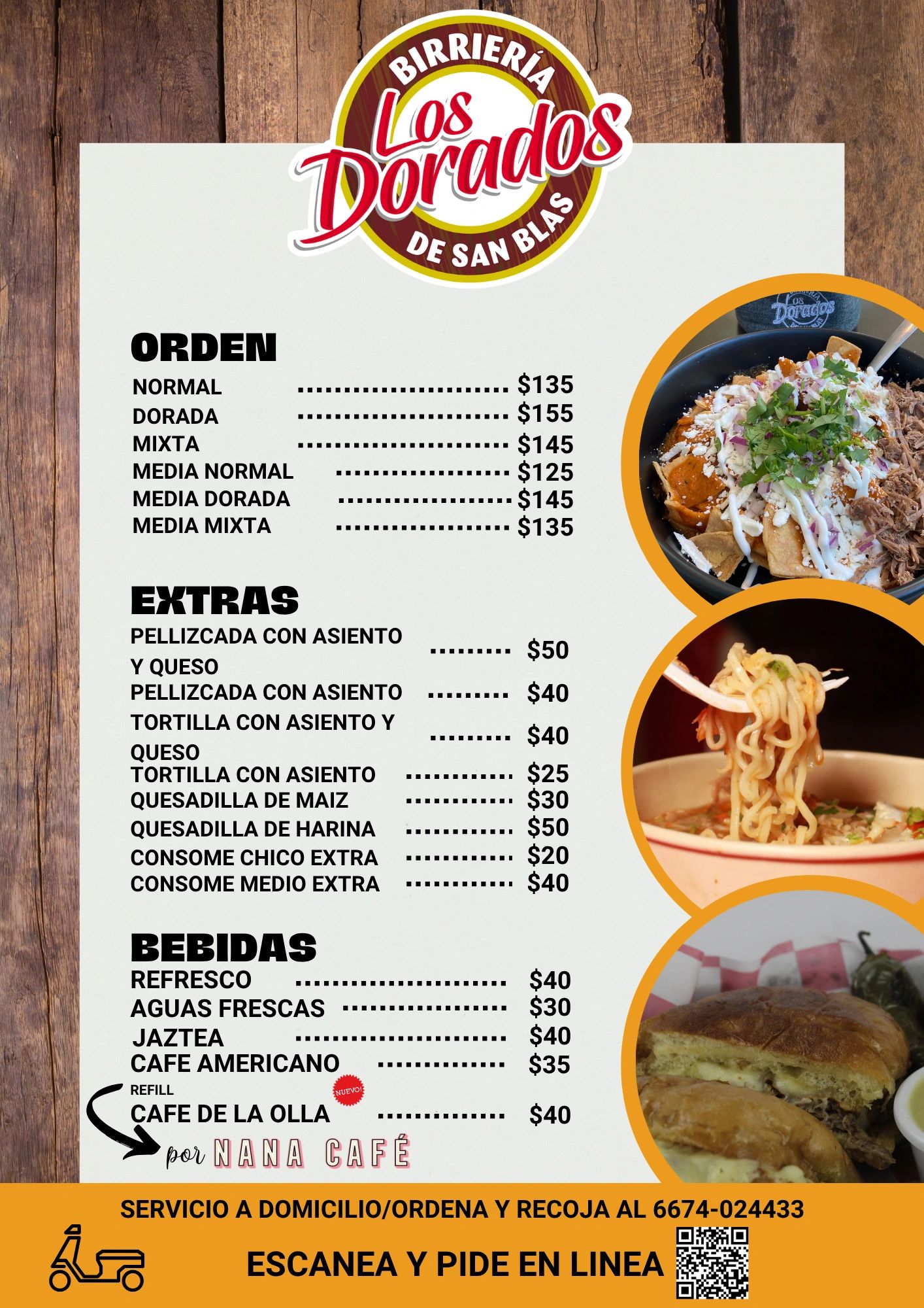 Menú de Birriería Los Dorados con precios de órdenes, extras y bebidas.