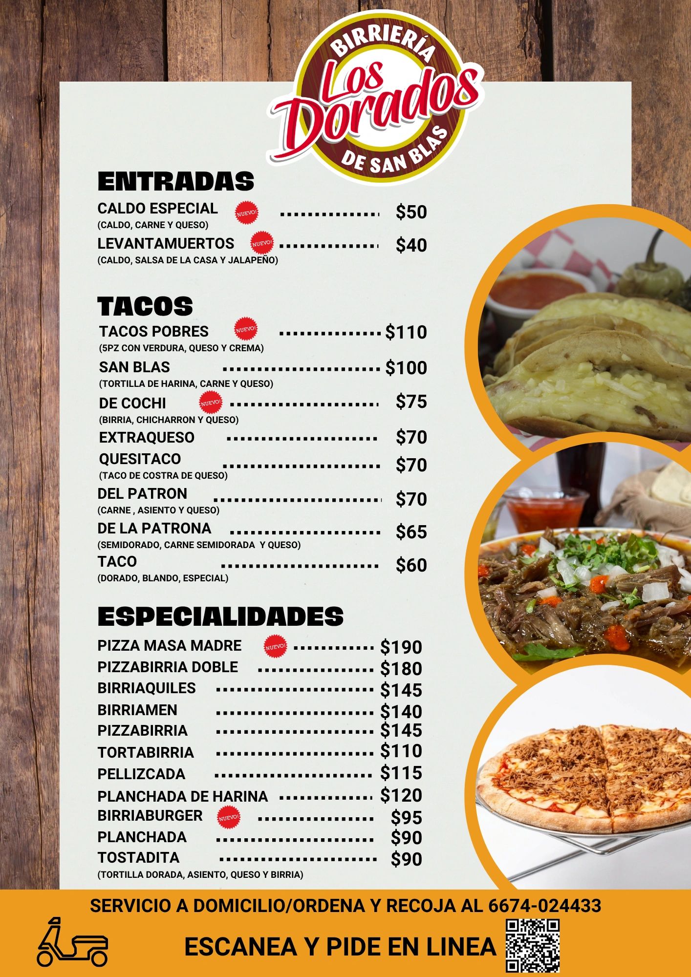 Menú de Birriería Los Dorados con entradas, tacos y especialidades.