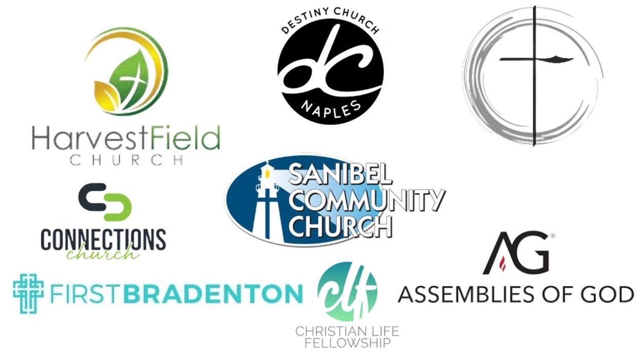 Logos of various churches including Harvest Field, Destiny Church, and Assemblies of God.
