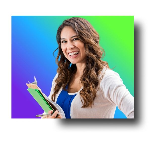 Smiling woman holding a clipboard and pen against a colorful gradient background.