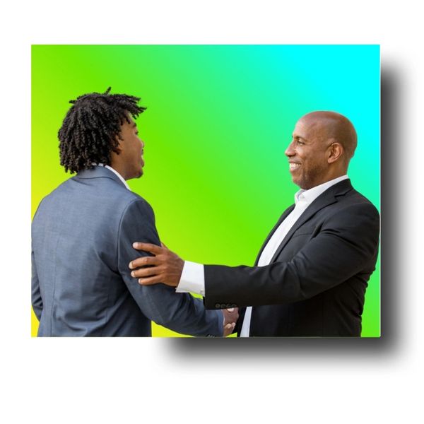 Two businessmen smiling and shaking hands against a vibrant background.