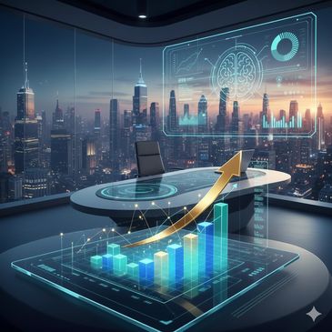 Futuristic office with holographic data charts and a city skyline at dusk.