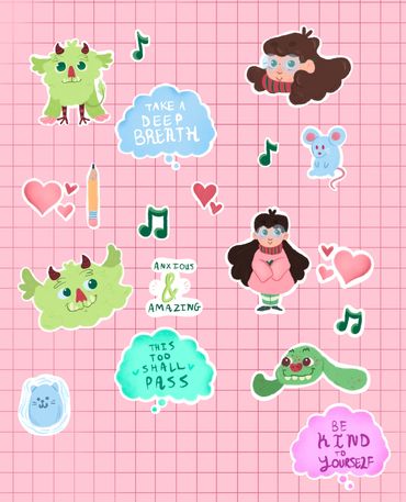 A mock-up sticker sheet featuring characters and icons from the story!