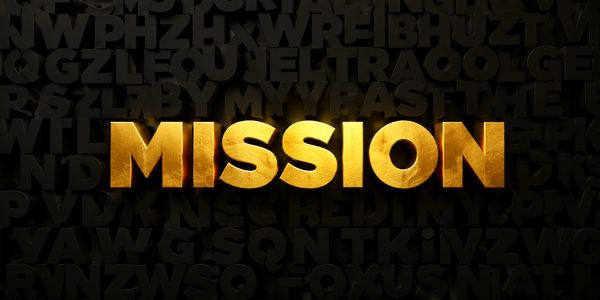 Golden glowing word 'MISSION' on dark background with random letters.