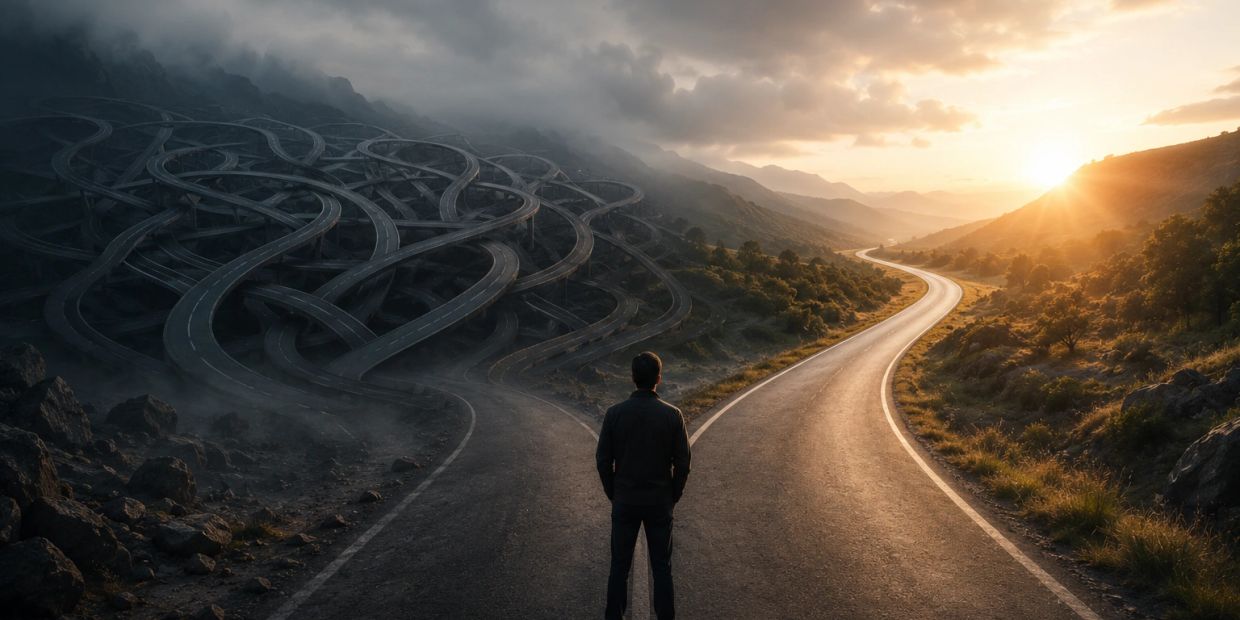 Man facing two roads: one complex and dark, the other clear and sunlit.