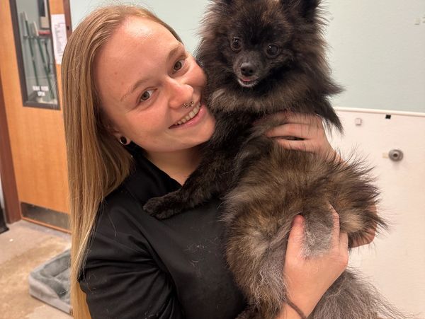 Smiling woman holding a fluffy black dog indoors.