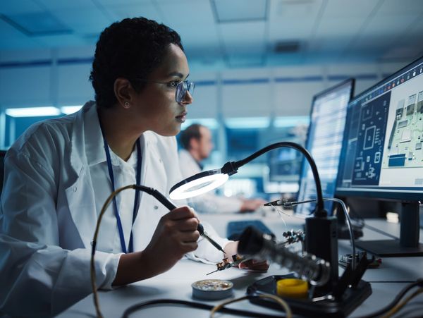 Scientist examining a circuit board under a microscope.