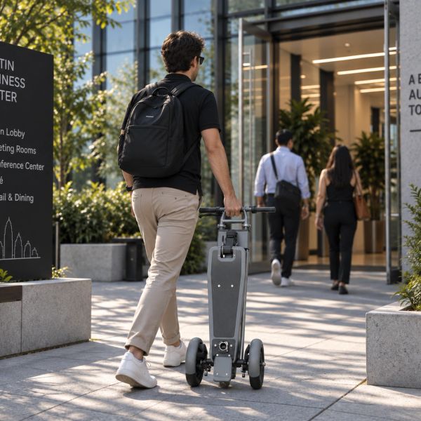 Man pushing an electric scooter towards a building entrance.