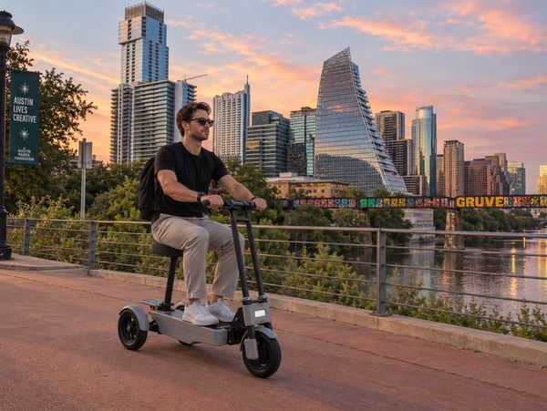 Man riding an electric scooter in a city at sunset.