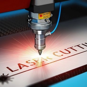 Laser cutting machine engraving metal with sparks flying.