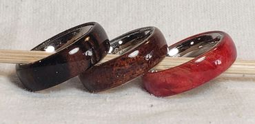 Stainless core rings Macassar ebony, mesquite, red dyed maple burl