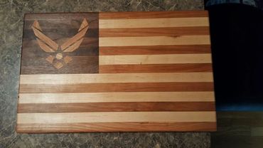 USAF cutting board 12"x16" cherry and maple stripes walnut field with inlaid cherry Air Force logo