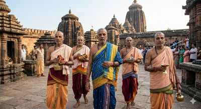 Group of Hindu priests walking in a temple courtyard during a ritual.