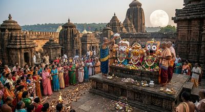 Devotees gather at an ancient temple for a ritual under the full moon.