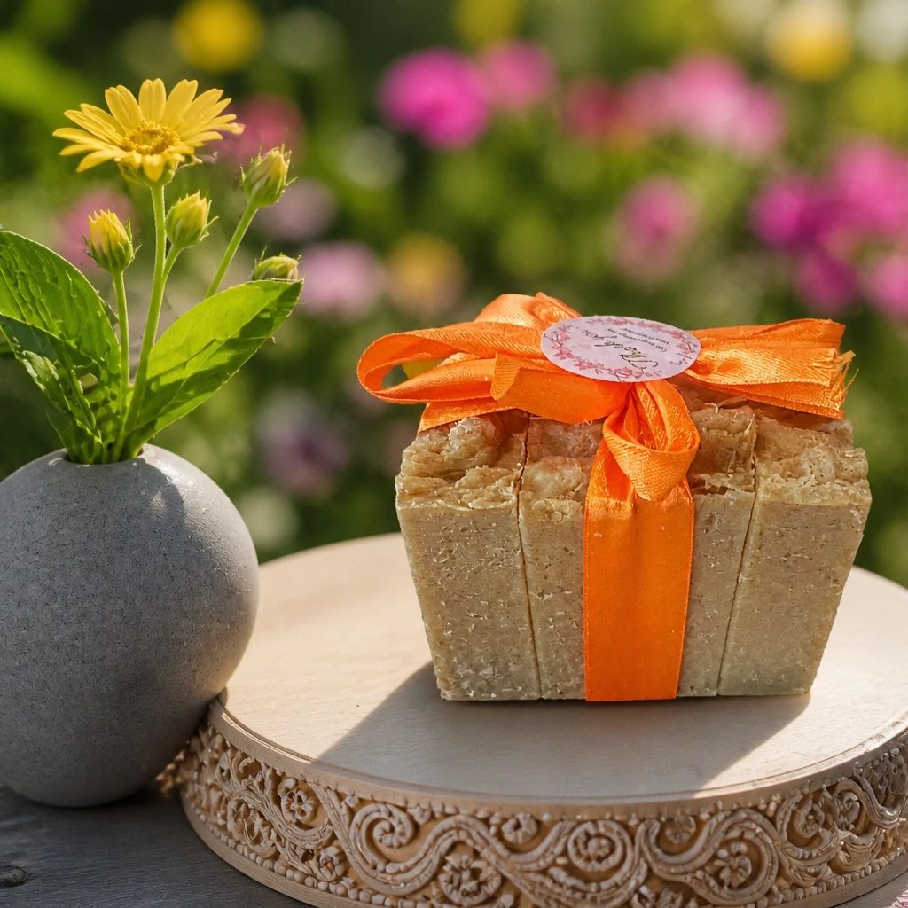 Handmade soap bars tied with an orange ribbon next to a yellow flower in a vase.