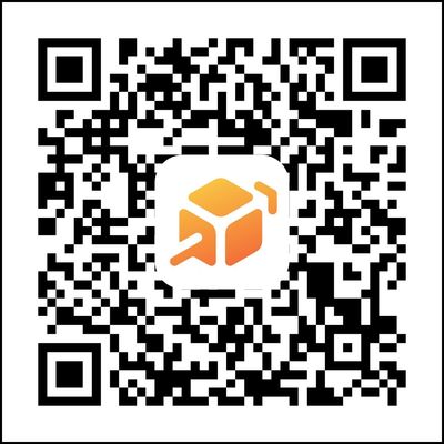 A black and white QR code with an orange cube logo in the center.