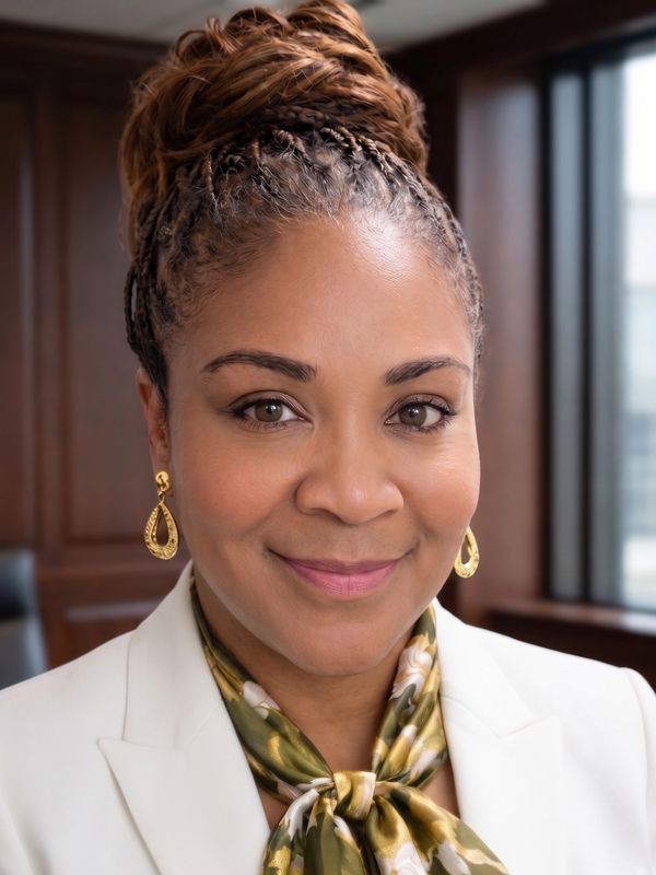 Confident woman with braided hair in a white blazer and green scarf.