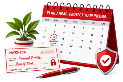 Calendar and paycheck illustration representing planning ahead for short-term disability income prot