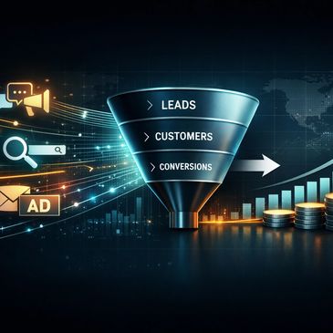 Digital marketing funnel showing leads converting to customers and sales growth.