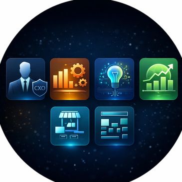 Icons representing business leadership, analytics, innovation, growth, retail, and web design.