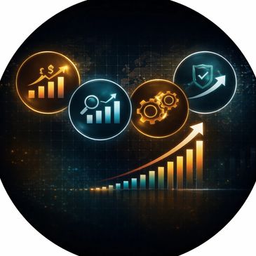 Digital icons representing growth, analysis, settings, and security with an upward graph.