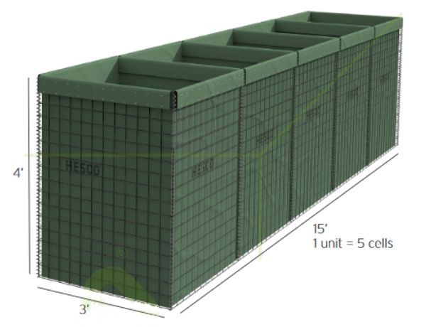 Green modular barrier unit measuring 3'x4'x15', composed of five connected cells.