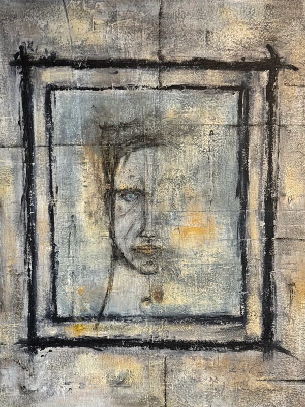 Abstract portrait of a face within a rough black frame on textured background.