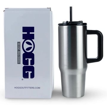 Silver insulated travel tumbler with black handle and straw