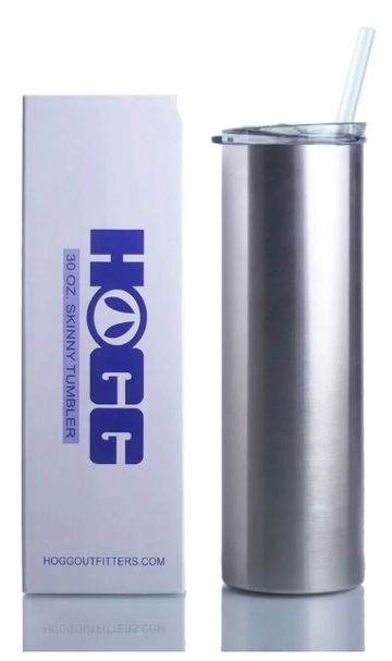 30 oz skinny stainless steel tumbler with lid and straw.