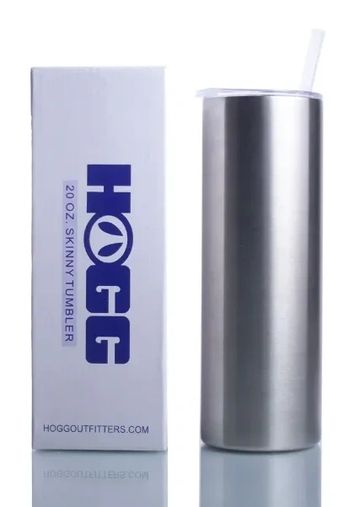 Stainless steel HOGG 20 oz skinny tumbler with packaging box.